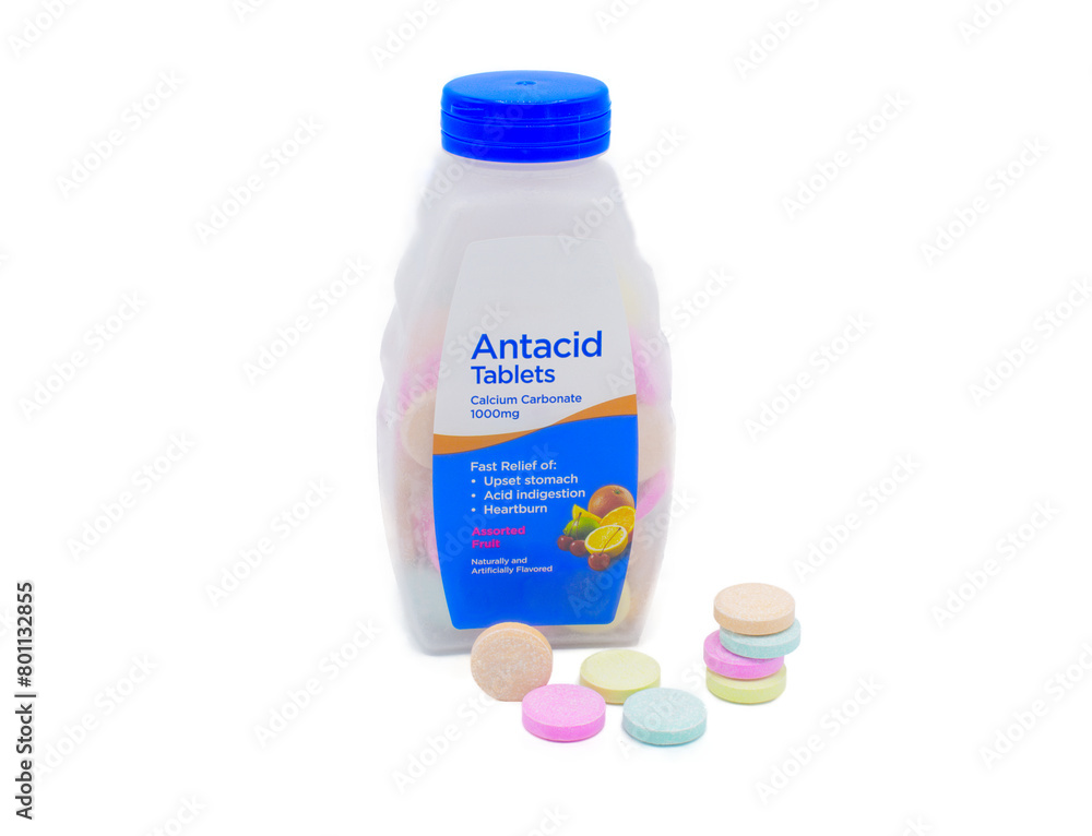 Chewable Antacid tablets for medication, health care concept. Close up ...