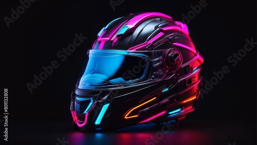 A luminous defender's helmet, depicted in neon brilliance against a stygian backdrop. photo