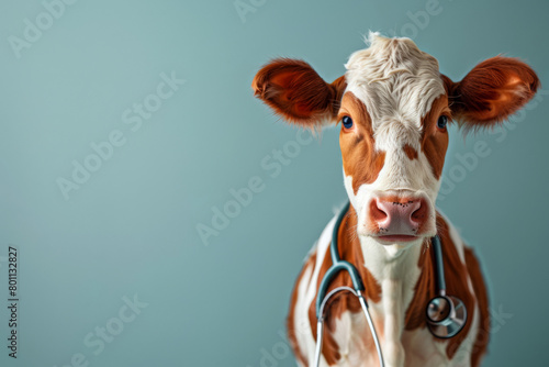 Portrait of a young cow with a stethoscope on a blue background. Concept of veterinary examination of cattle.  . photo