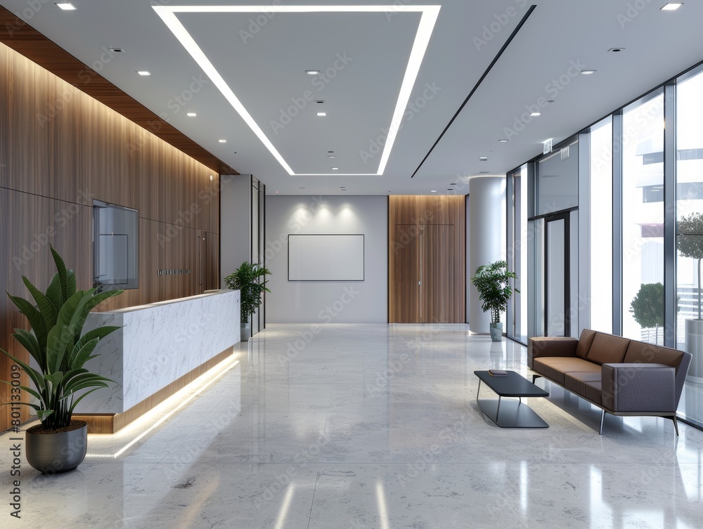 Fototapeta premium A large, open lobby with a white wall and a large potted plant. A couch is placed in the middle of the room, and a table is located near the couch. The room is well-lit and spacious