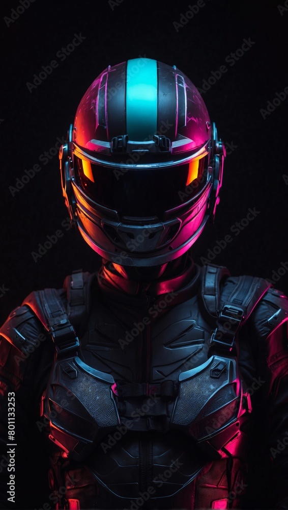 Neon Helmet Portrait Standing Boldly in Dark Isolation