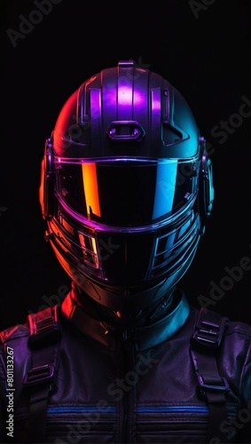 A cybernetic glow emanating from a helmet's neon portrait, isolated against brooding darkness.