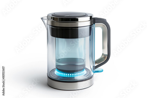 A sleek glass electric kettle with a built-in infuser and a blue LED light indicator isolated on a solid white background.