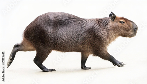 greater capybara - Hydrochoerus hydrochaeris - a giant cavy rodent native to South America and the largest living rodent, genus Hydrochoerus. Side running profile view, isolated on white background photo