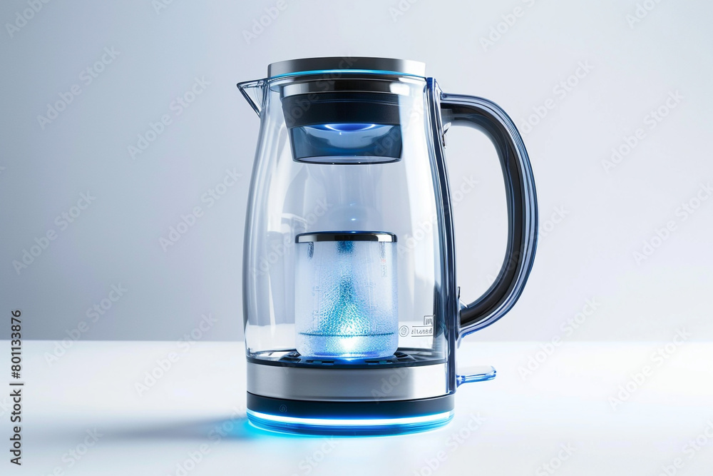 A sleek glass electric kettle with a built-in infuser and a blue LED light indicator isolated on a solid white background. A sleek glass electric kettle with a built-in infuser and a blue LED light indicator isolated on a solid white background.