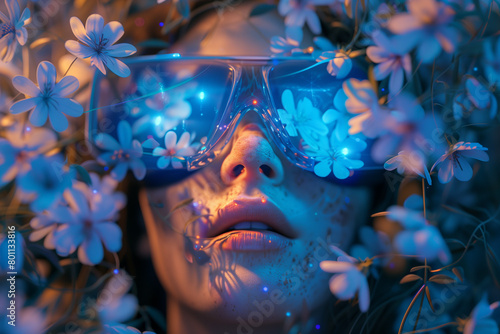 Depiction of a user immersed in virtual reality, with fantastic flowers background, 3d, illustration