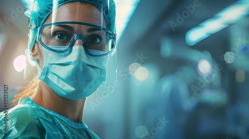 Medicine, profession and healthcare concept, female doctor or scientist in protective facial mask.
 photo