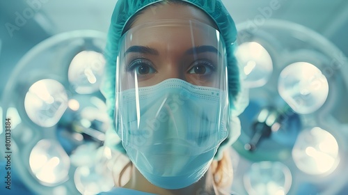 surgeons in room Medicine, profession and healthcare concept, female doctor or scientist in protective facial mask.
 photo