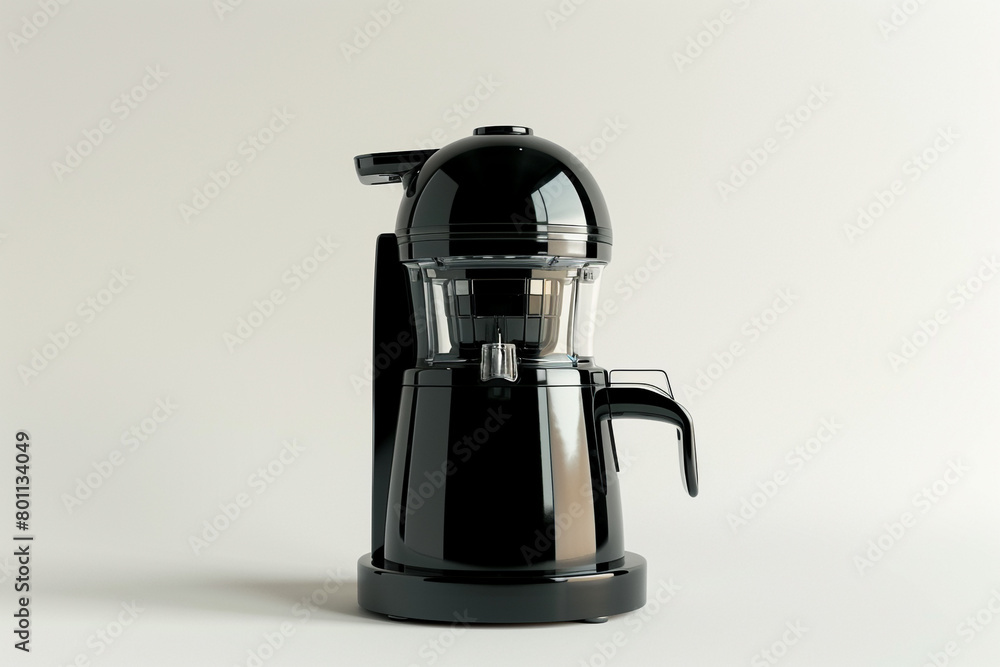 A sleek juicer with a glossy black body and a wide-mouth feed tube isolated on a solid white background. A sleek juicer with a glossy black body and a wide-mouth feed tube isolated on a solid white background.