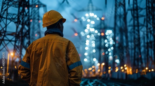 A man in a yellow jacket stands in front of a power plant. The sky is dark and cloudy, and the man is wearing a hard hat