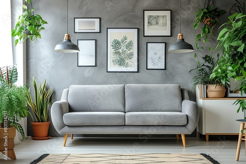 Grey settee near white cupboard in minimal living room interior with posters on the wall. . photo