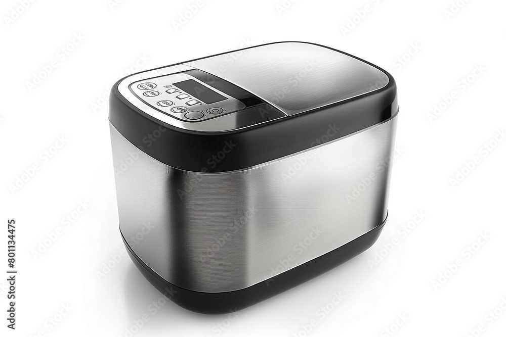 A sleek stainless steel bread maker with a digital control panel isolated on a solid white background. A sleek stainless steel bread maker with a digital control panel isolated on a solid white background.