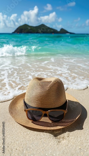 Stylish sun hat and sunglasses on exotic beach  ideal for summer travel marketing