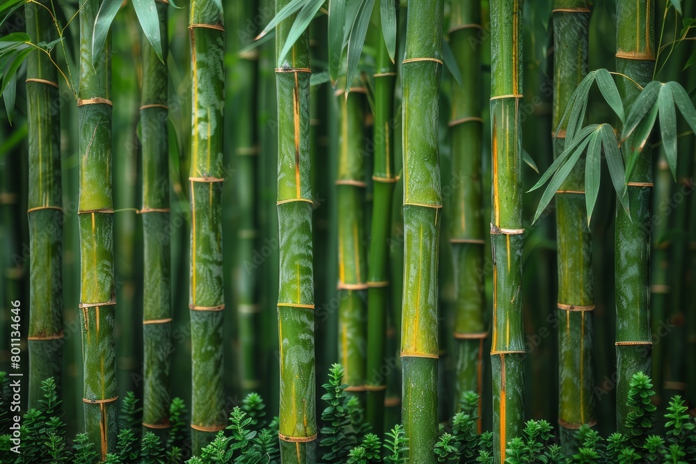 Fototapeta premium Bamboo Grove: Tall, slender bamboo stalks creating a serene atmosphere. 