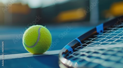 Tennis ball on blue court with racket