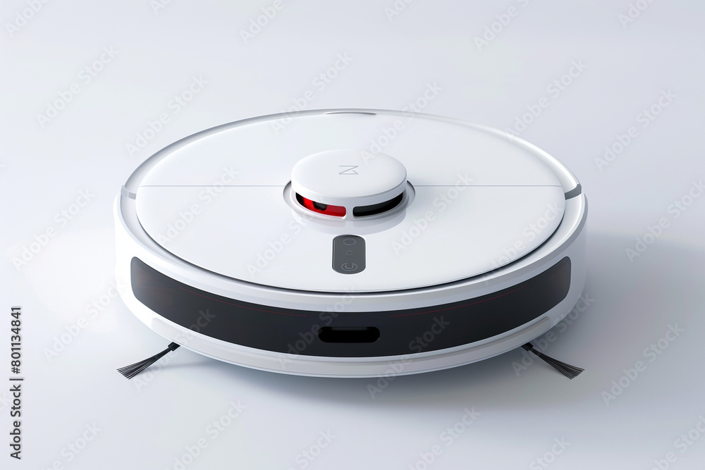 A smart robotic vacuum cleaner with voice control and mapping technology isolated on a solid white background. A smart robotic vacuum cleaner with voice control and mapping technology isolated on a solid white background.
