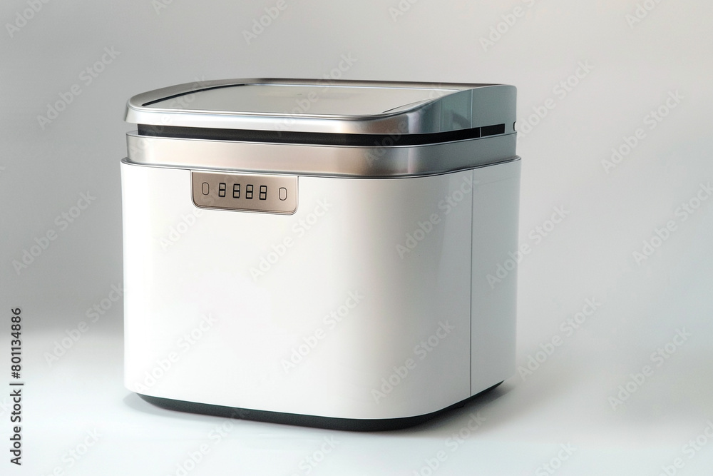 A space-saving bread maker designed with a vertical orientation and a built-in timer for fresh bread in the morning isolated on a solid white background. A space-saving bread maker designed with a vertical orientation and a built-in timer for fresh bread in the morning isolated on a solid white background.