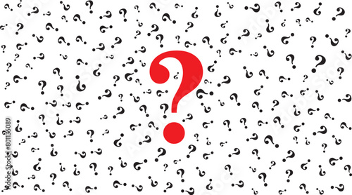 Random black question mark background with large one in red color. Vector illustration isolated on transparent.
