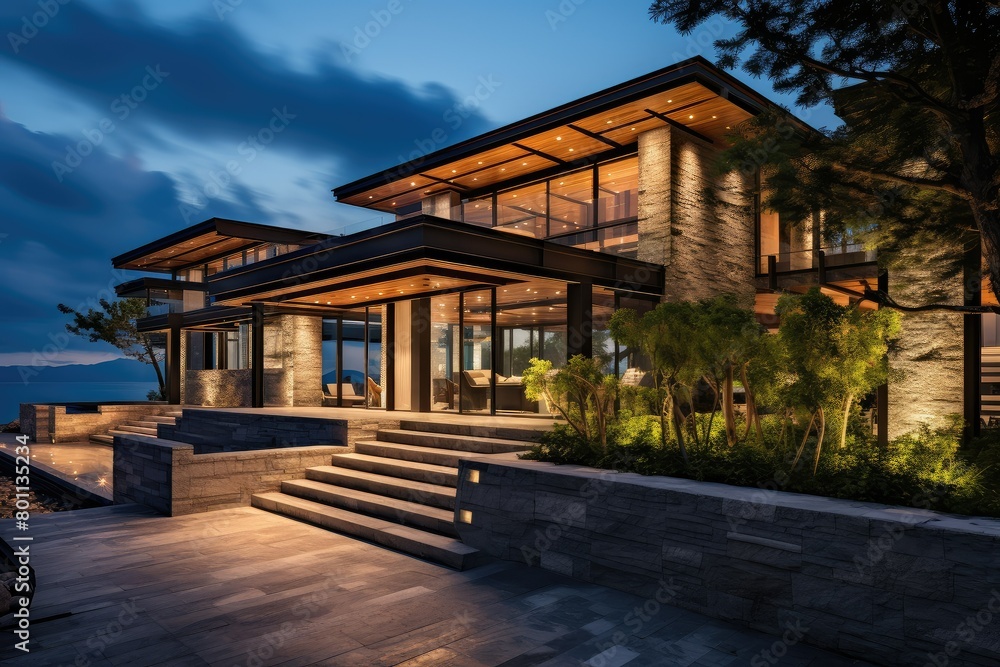 A luxurious, large house featuring numerous windows and multiple staircases. Generative AI A luxurious, large house featuring numerous windows and multiple staircases. Generative AI