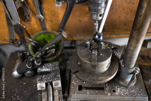 Steampunk texture, backgroung with mechanical parts. Many Tools on dirty floor, Set Craftsman tool , mechanical tools. Professional mechanic using different tools for working in auto repair service.