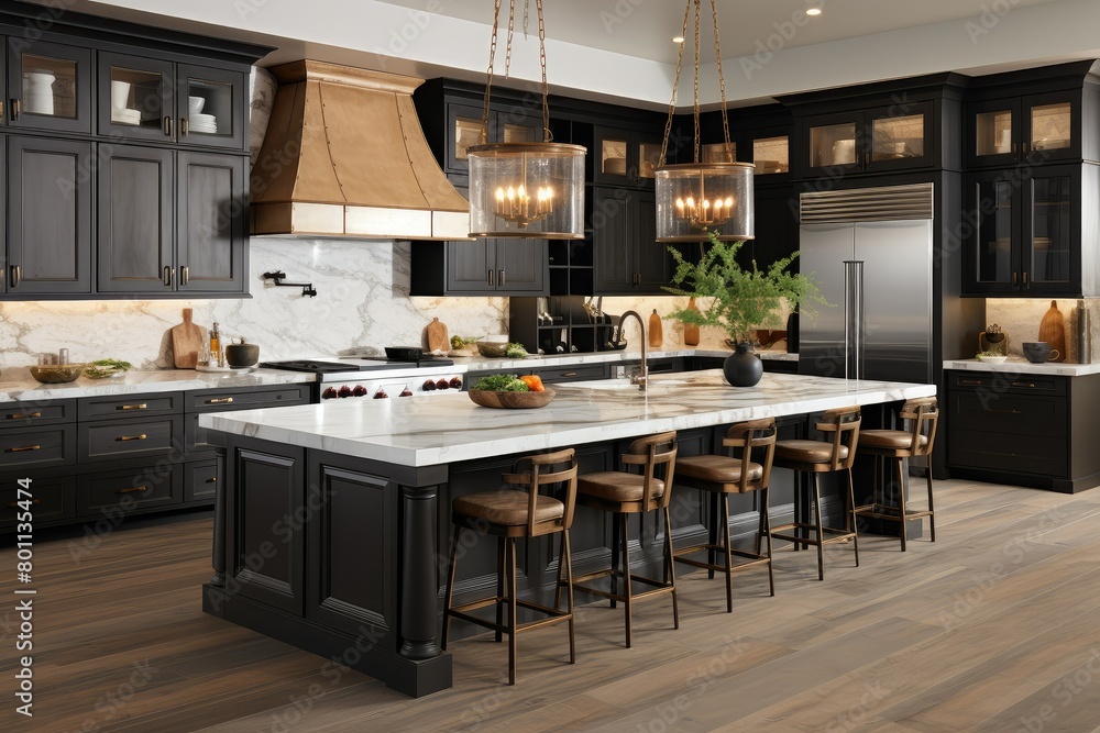 A large kitchen featuring sleek black cabinets and a central island for preparing meals and dining. Generative AI