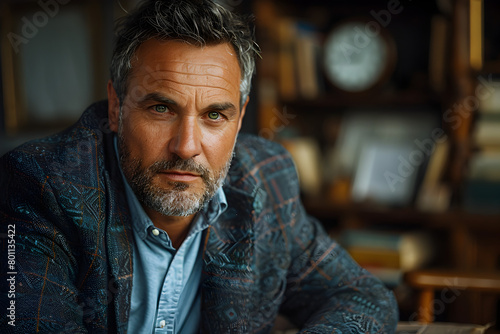 Middle-aged Man in Blue Sweater Staring at Camera in Rustic Office Setting