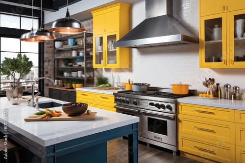 A cozy kitchen featuring yellow cabinets and stainless steel appliances, creating a bright and modern look. Generative AI photo