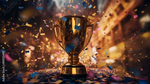 A gleaming gold winners trophy cup takes center stage   surrounded by a festive explosion of colorful celebration confetti and sparkling glitter   symbolizing victory and success in a competition