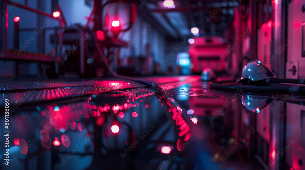 Fire station at night, low angle, red and blue light flares Long reflections, fire, engines hoses on standby emergency services Fire station at night, low angle, red and blue light flares Long reflections, fire, engines hoses on standby emergency services