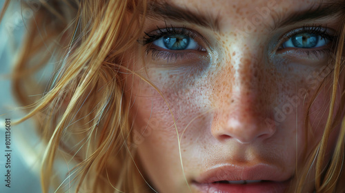 Close-up of a person with blue eyes, freckles, and blonde hair looking intently at the camera, Photographs realism mixed with art