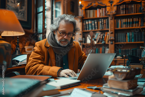 Grey Haired Man Working on Laptop in Home Office photo