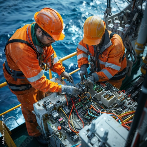 Two men in orange safety gear are working on a machine on a boat. Scene is serious and focused, as the men are working diligently to fix the machine photo