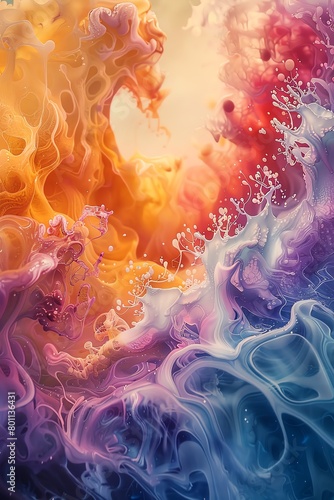 An abstract fluid art piece blending warm and cool tones into a visually captivating organic pattern.