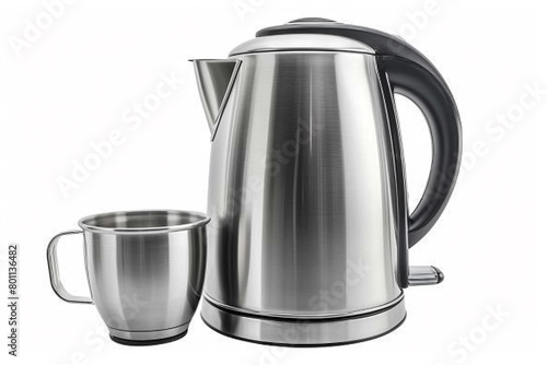 A stainless steel electric kettle with a removable filter and a comfortable grip handle isolated on a solid white background.