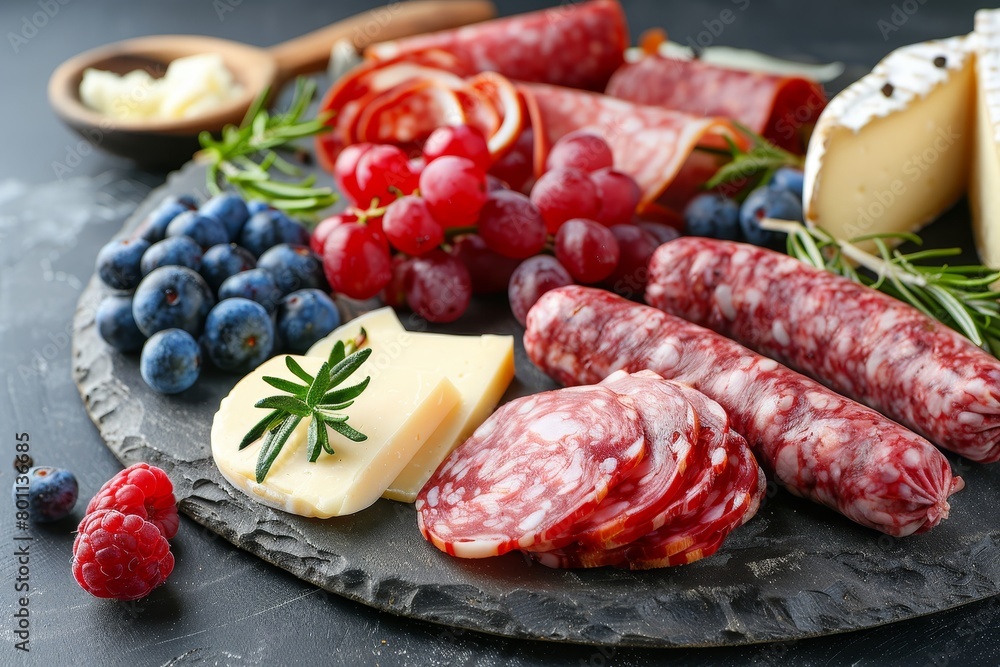 Spanish jamon and cheese charcuterie board with pork sausage, fuet, and berries for a tasty spread