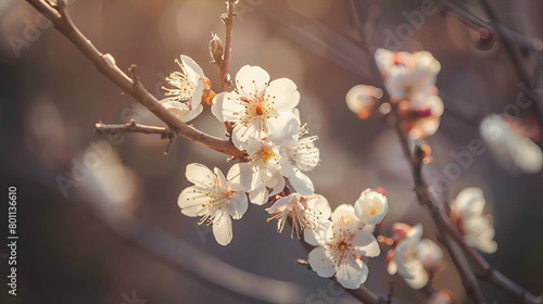 Apricot flowers on a tree, in the sunlight,Blooming tree in the gardenS elective focus nature,  flowering cherry branch taken against the background of a blurry silhouette of a girl photo