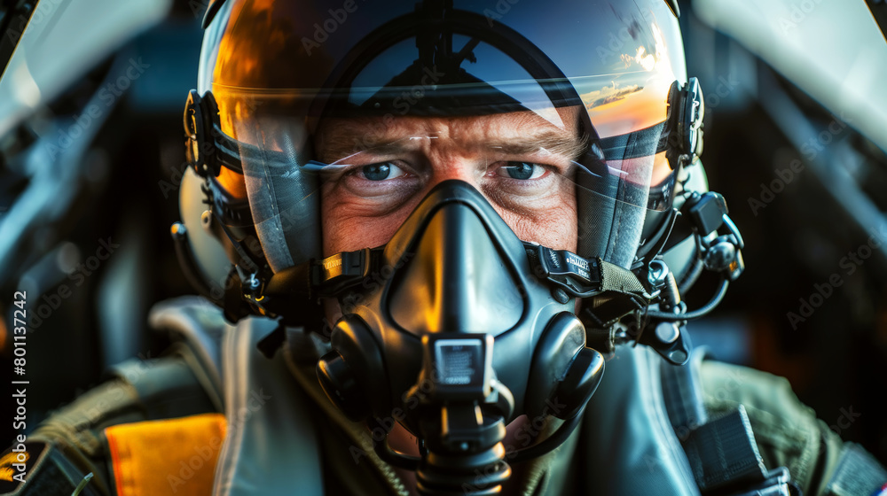 Portrait of a military aircraft pilot sitting in his plane wearing helmet and mask during the flight. Generative AI Portrait of a military aircraft pilot sitting in his plane wearing helmet and mask during the flight. Generative AI