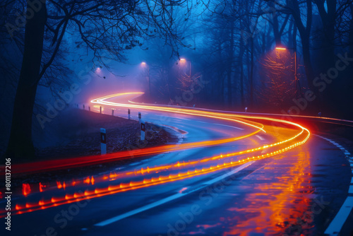 Abstract road background. Car headlights on the road in fog. Concept of logistics and cargo transportation.