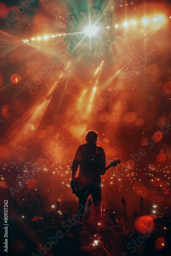 Rock guitarist in concert, stage lights fans, Music industry, live music.
