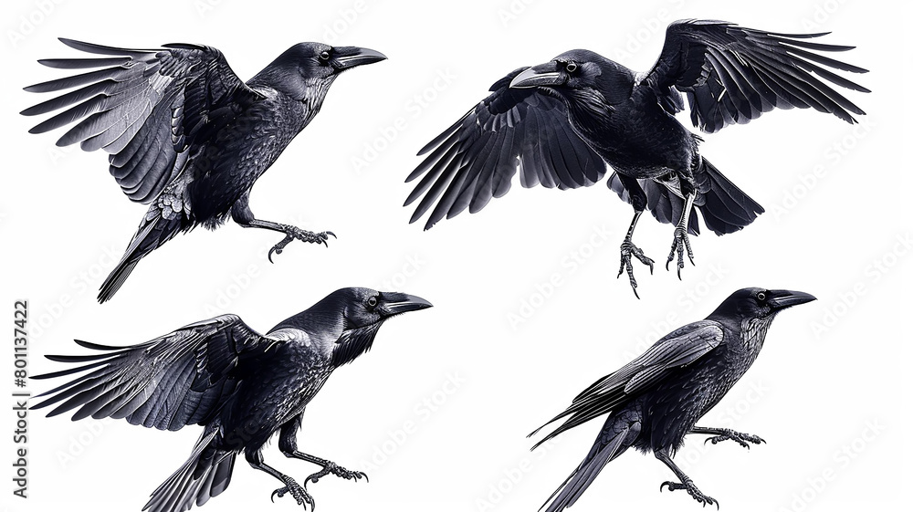Obraz premium a set of flying birds, a black raven in flight isolated on a white background, a group of bird crows