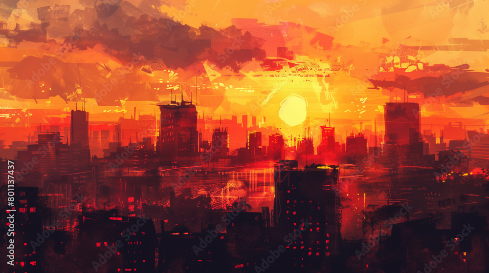 Urban Sunset Glow: Silhouetted Skyscrapers in Warm Hues