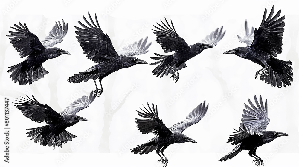 Obraz premium a set of flying birds, a black raven in flight isolated on a white background, a group of bird crows