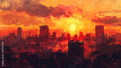 Urban Sunset Glow  Silhouetted Skyscrapers in Warm Hues