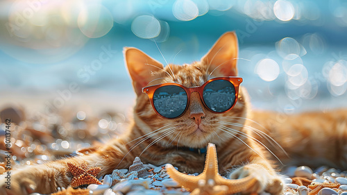 A red-haired cat in sunglasses sunbathing on the seashore, summer vacation tourism concept humor