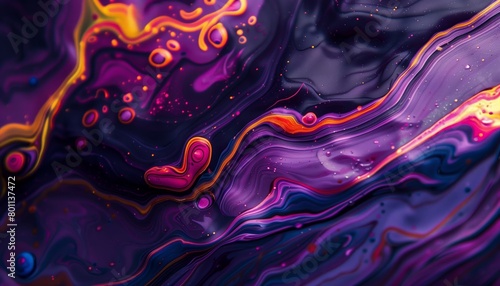 A close-up of a swirling abstract fluid art, showcasing a mesmerizing blend of purple and orange with vibrant splashes. 