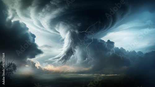 Tornado with lightning in the clouds, hurricane weather