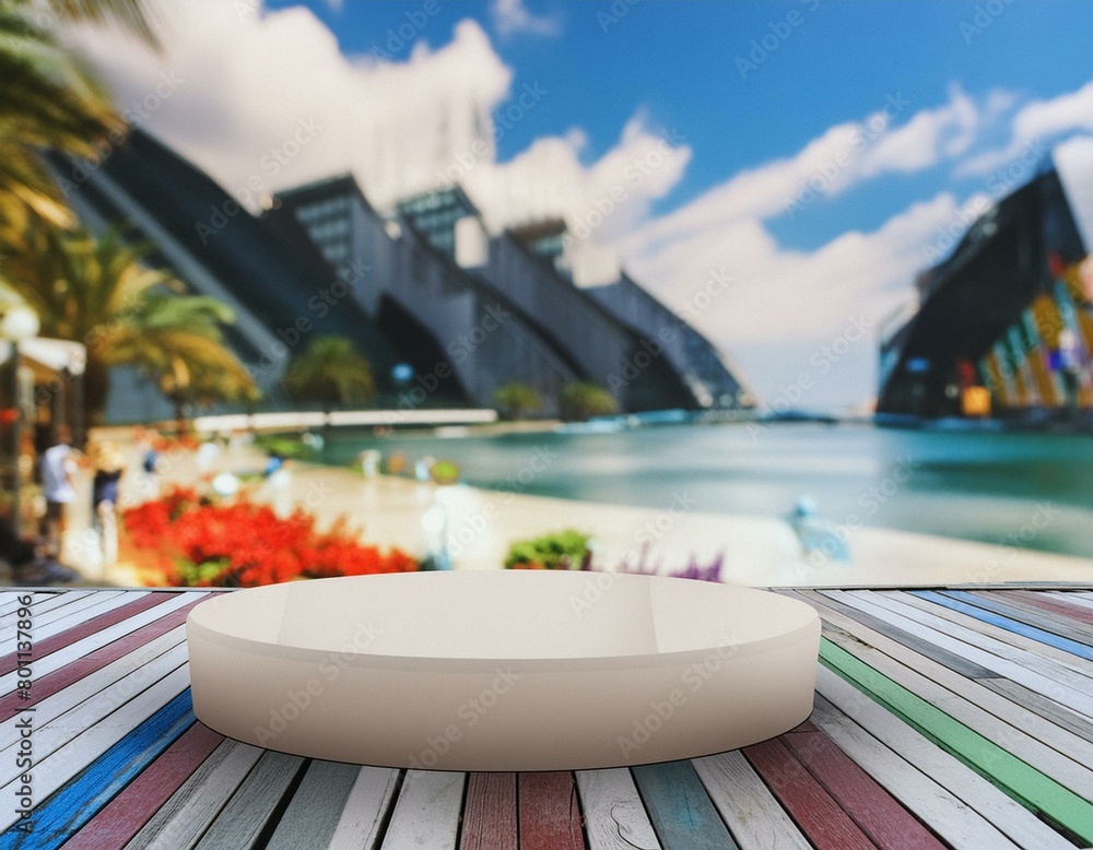 Seaside Showcase: Podium on the Beach for Product Presentation with Mountain and Ocean Backdrop