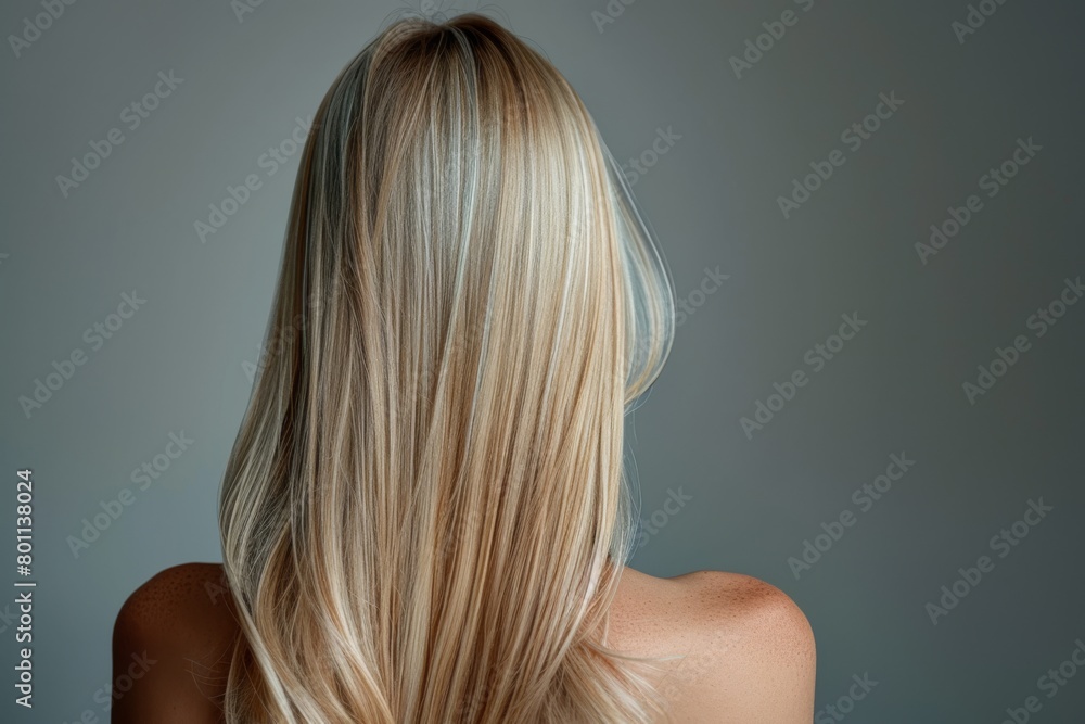 Back view of a blonde woman with long straight hair against a gray wall. Back view of a blonde woman with long straight hair against a gray wall.