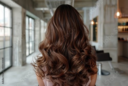 Back view of a beautiful young woman with long curly hair in a modern salon interior.