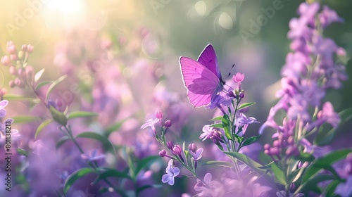Close up of beautiful butterfly flying near flowers in spring at sunrise on light background. Artistic image with a soft focus. Banner, copy space. © Julia